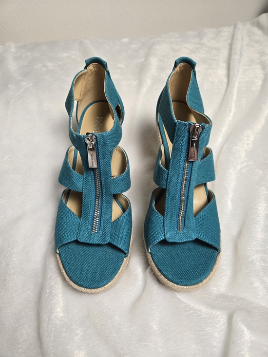 MICHAEL Michael Kors Shoes - MICHAEL Michael Kors Teal Front-Zip Espadrille Wedge Sandals